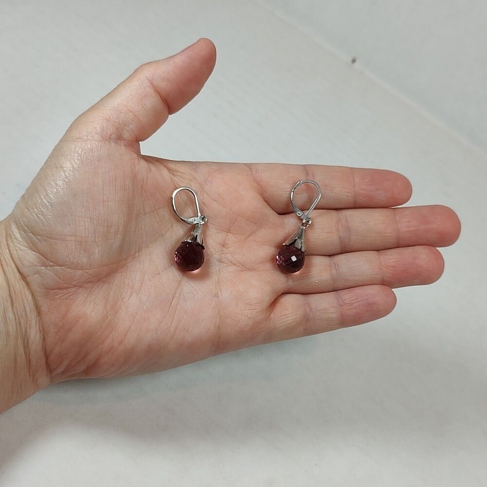 Silver Tone Metal Purple Pink Glass Faceted Stone Teardrop Drop Fashion Earrings - Picture 3 of 14